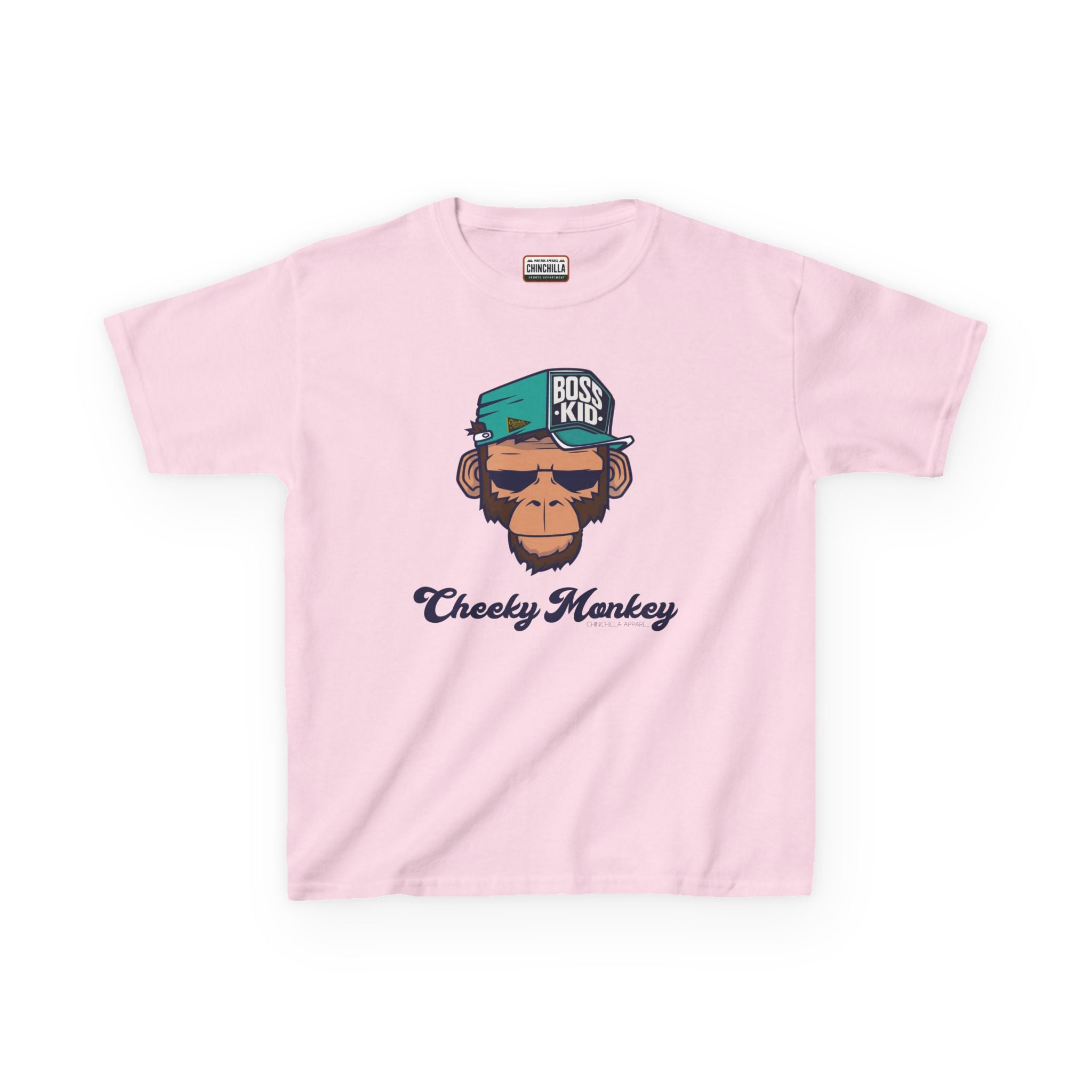 Pink t-shirt with a monkey graphic and text on a white background